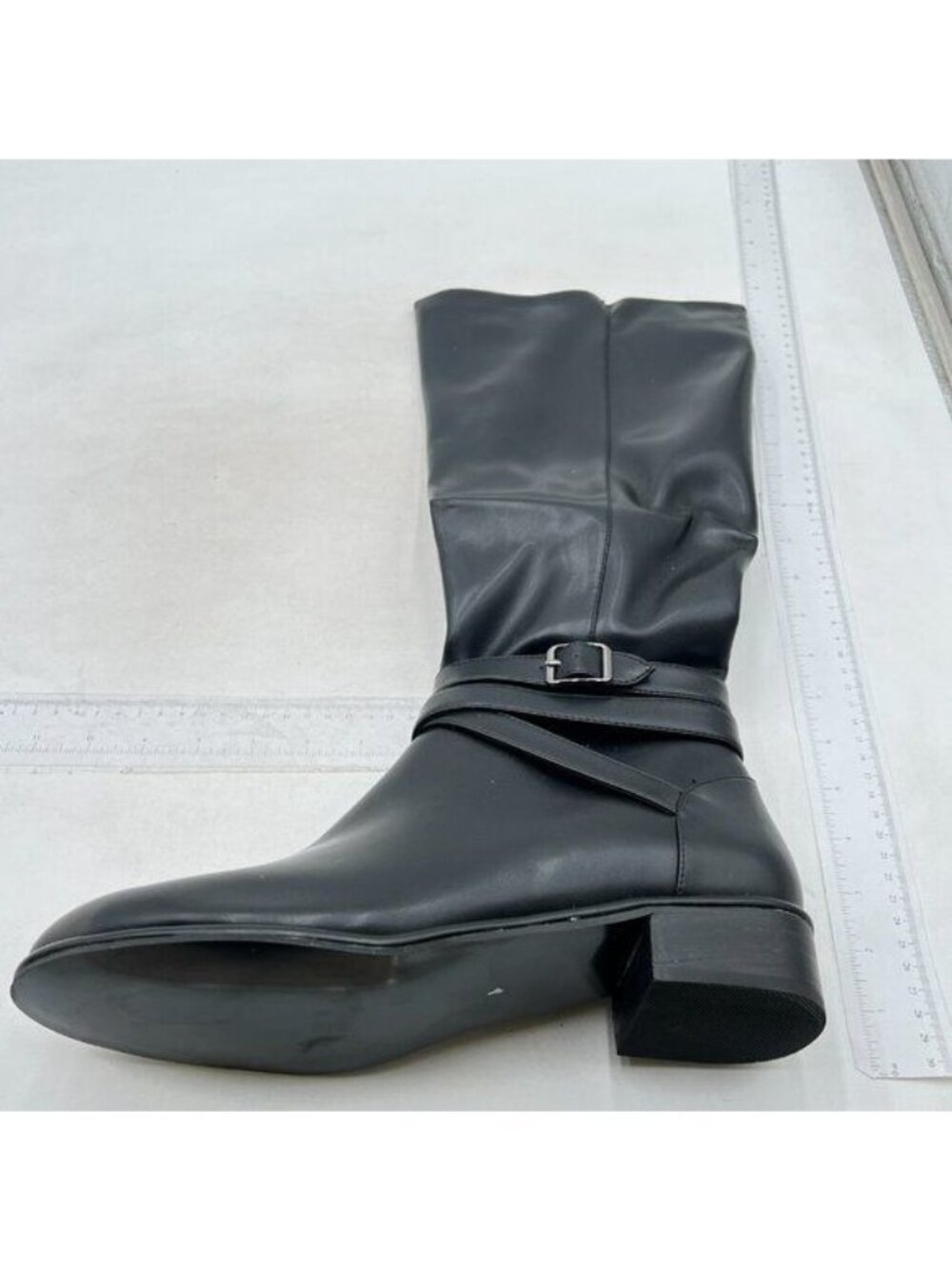 Women's Wide Calf Strap Buckle Knee High Boots Round Toe Pull On Low Heels Black
